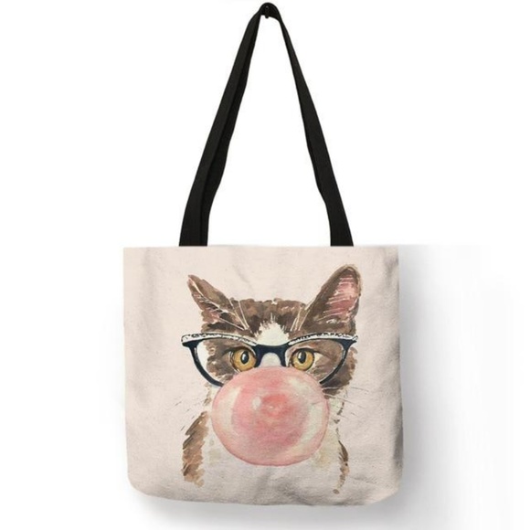 Linen Tote Bag  (Bubble Gum Face Cat) - Picture 1 of 4